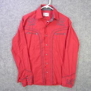 Ace of Diamond Shirt Mens Medium Red Western Pearl Snap Embroidered Horse Shoe